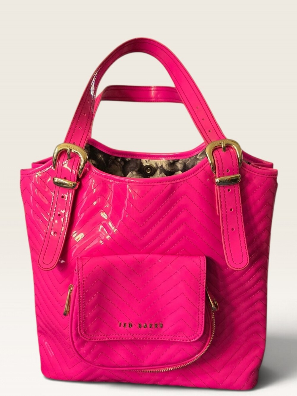 Ted Baker "Tama" Chevron Quilted Patent Tote Bag, Hot Pink